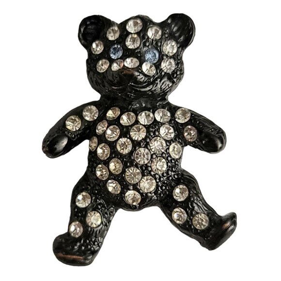 1928 Jewelry Co. Dark Silver Tone Clear Rhinestone Teddy Bear Pin - Picture 1 of 6
